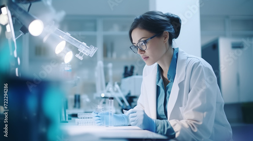 Scientist concentrating on her work in the lab, measuring and analyzing science or research results