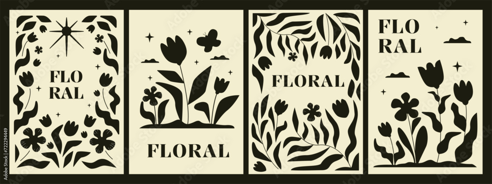 A collection of posters with flowers and waving foliage. Monochrome minimalistic hand-drawn artworks. - obrazy, fototapety, plakaty 