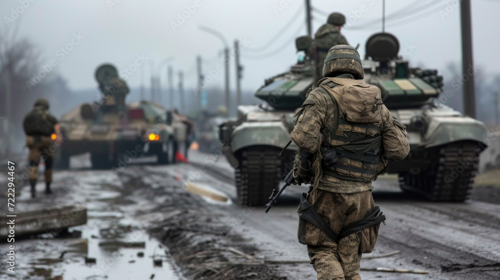 Soldiers in War with Army Tank, Generative AI