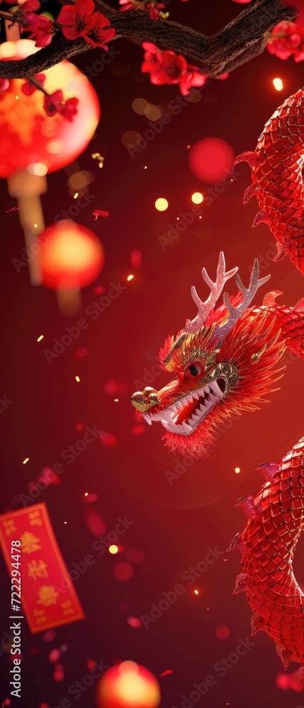 Chinese New Year card banner with red carved dragon on dark red background. Festival sign template with copy space Chinese New Year card banner with red carved dragon on dark red background. Festival sign template with copy space