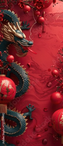 Wallpaper Mural Chinese New Year card banner with red carved dragon on dark red background. Festival sign template with copy space Torontodigital.ca