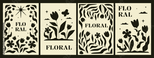 A collection of posters with flowers and waving foliage. Monochrome minimalistic hand-drawn artworks.