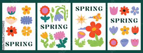 A collection of spring posters with thick flowers and leaves. Bright naive hand drawing artworks.