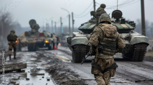 Obraz na płótnie Soldiers in War with Army Tank, Generative AI w salonie
