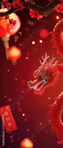 Wallpaper Mural Chinese New Year card banner with red carved dragon on dark red background. Festival sign template with copy space Torontodigital.ca