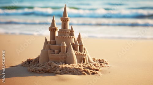 Sand castle on the beach, intricate sand structure, concept for higher entropy as structures get eroded over time
