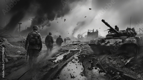 Historic Battle Scene with Tank Cannon and Soldiers, Vintage War Photo, Generative AI