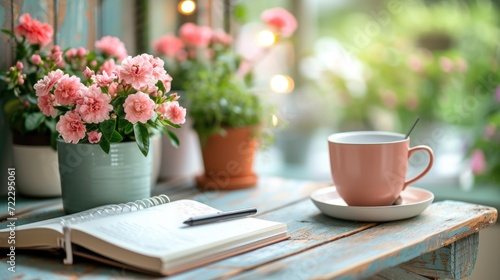 Beautiful Still Life: Coffee, Book, and Bouquet on Table