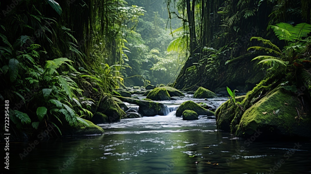 Naklejka premium Captivating amazon rainforest river landscape nature wallpaper illustration available for purchase
