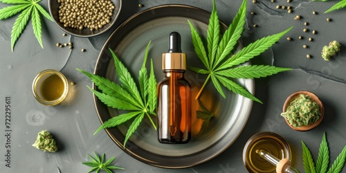 Front View Photo of CBD Oil Cannabis Mockup, Care Product in Flat Lay Composition with Copy Space for Advertising Company.