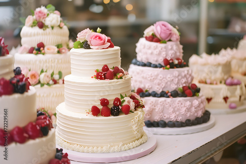 wedding cakes decorated with flowers and berries on a pastry shop window