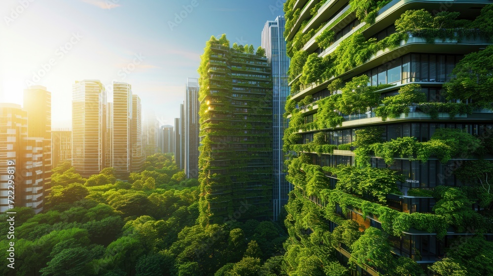 Futuristic Smart City green ecology friendly towers and tall buildings. - obrazy, fototapety, plakaty 