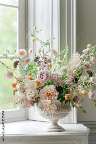 Wedding arrangement of flowers in a low vase on a leg. Dahlias  roses  heather  garden flowers