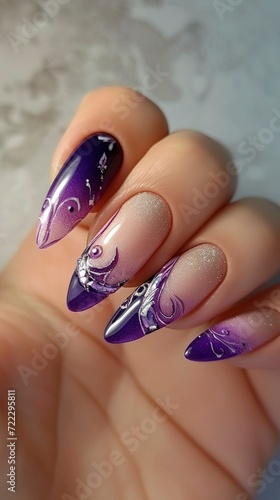 Beautiful Purple-Beige Nails, Perfectly Shaped Fingers, and Flawless Long Nails on One Hand