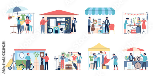 Flea market scenes. Garage sale, second hand furniture, accessories and clothes. Outdoor markets with used tools and goods, recent vector set