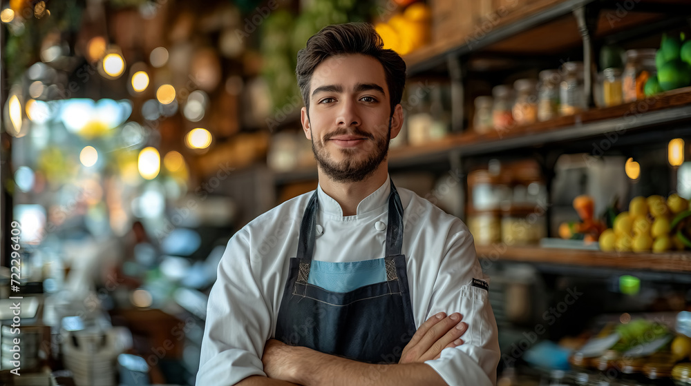 Fototapeta premium a young chef is standing in a restaurant with his arms folded, portrait,lifestyle
