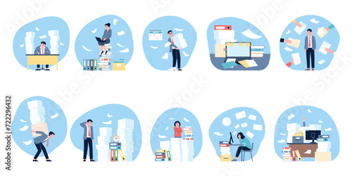 Unorganised business people with piles of papers. Managers and administrator overwhelmed, files stacks and deadlines. Recent vector office scenes
