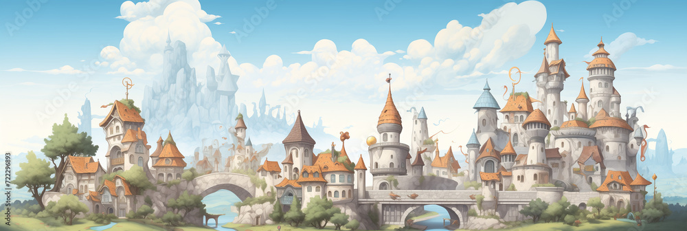 Obraz premium Mysterious Fabulous City. Background image 3808x1280 pixels. Neo Game Art 001