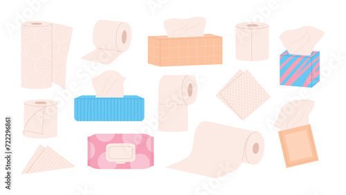 Hygiene paper set. Dry and wet wipes for hand and body care. Papers for kitchen and toilet, female self caring. Various racy vector accessories
