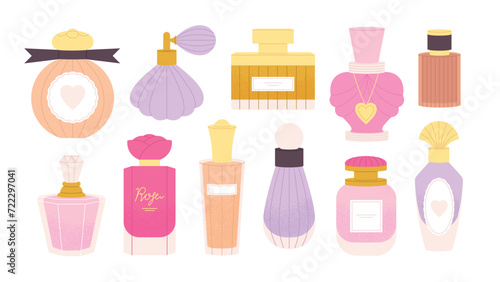 Flat fashion perfume bottle. Isolated flasks and glass vials for men and women. Aroma water bottles, fragrance and spray. Racy vector cosmetics set