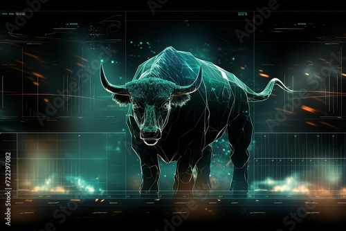 illustration of neon bull on chart background for business concept. Graph Stock Trading, crypto currency