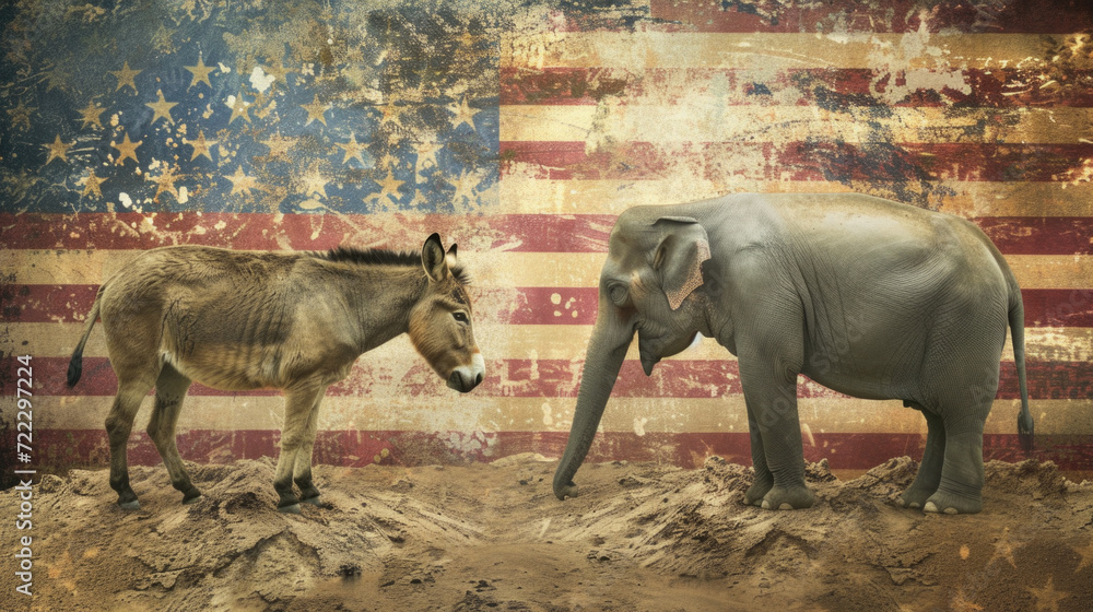 Donkey and Elephant with American Flag, Political Party Representation, Generative AI