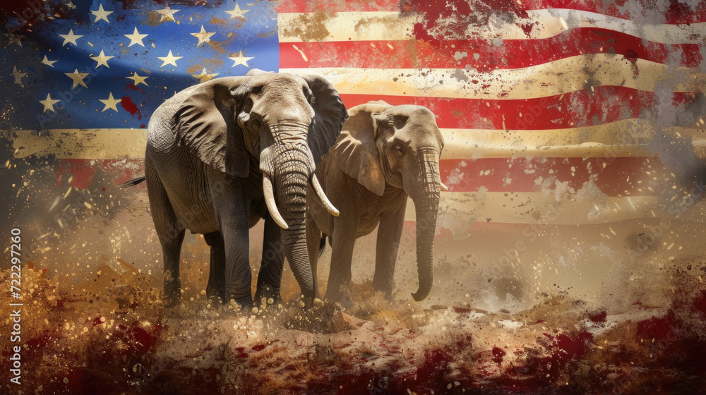 Elephants Symbolizing Republican Political Unity, American Flag Backdrop, Generative AI