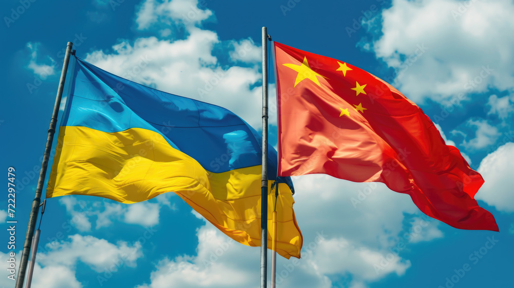 Ukraine and China Flags in Alliance, Skyward Unity, Generative AI