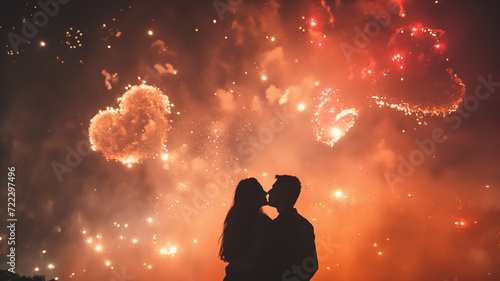 Lovers watch the dazzling display as fireworks explode in the sky