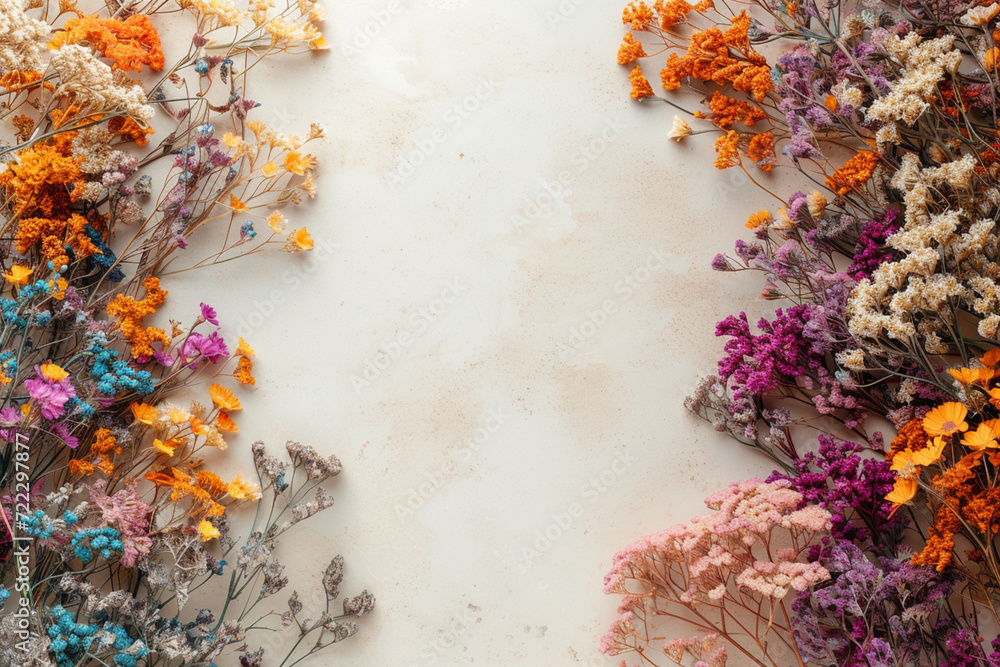 Fototapeta premium Dried Flowers Compose a Nature Mockup Background, Forming an Elegant Flat Lay Composition to Celebrate the Beauty of the Fall Season.