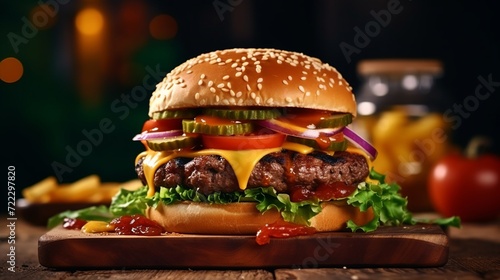 Big hamburger with beef  cheese  tomato and lettuce on a wooden table. American cheese burger with fresh salad  tomato and onion.