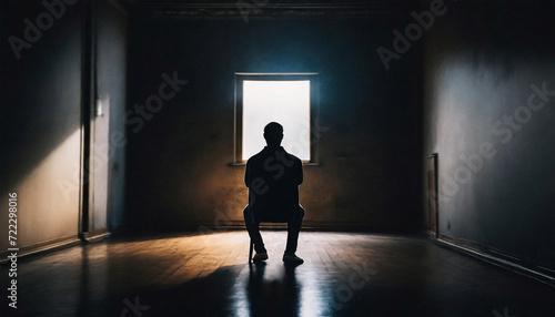 man on a chair in dark room, depression and melancholy concept photo