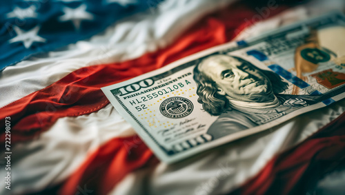 A fictional 100 dollar bill on an American flag