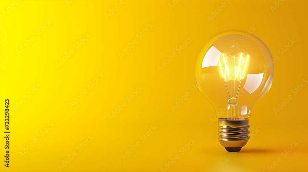 Light bulb on yellow background with copy space. Glowing light bulb symbol of new idea, inspiration, innovation, solution, creativity concept. Design for banner, card, poster, ads. Light bulb on yellow background with copy space. Glowing light bulb symbol of new idea, inspiration, innovation, solution, creativity concept. Design for banner, card, poster, ads.