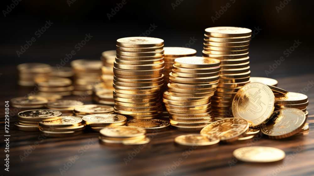 piles of golden bitcoins. concept of investing in cryptocurrency piles of golden bitcoins. concept of investing in cryptocurrency