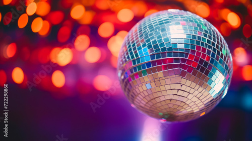 Colorful shining disco ball, nightclub lights in blurred background