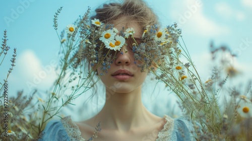A faceless portrait. bohemian-style woman in a loose indigo dress, her face covered by a wild bouquet of daisies and lavender on a matte sky blue background photo