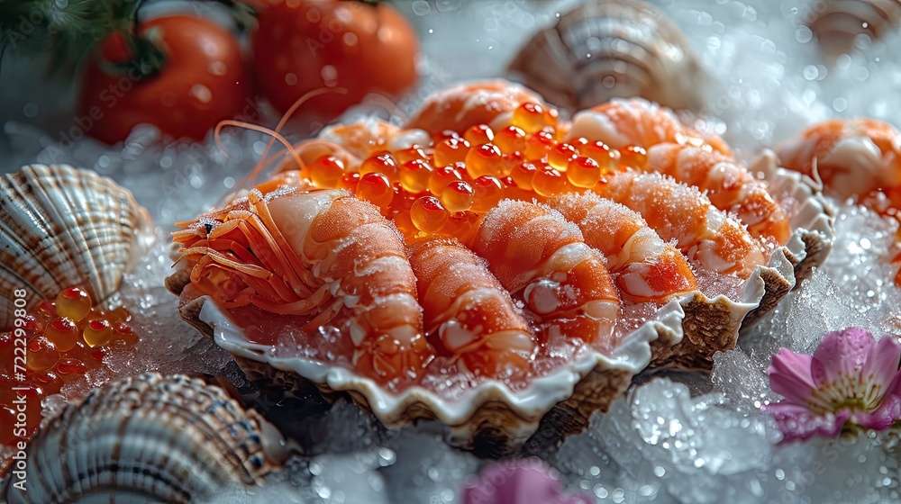 Various frozen seafood, shrimp, fish eggs, crab, photographed close up. Various frozen seafood, shrimp, fish eggs, crab, photographed close up.