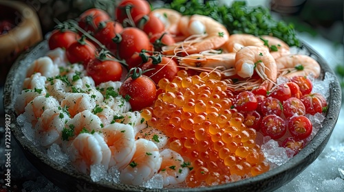 Various frozen seafood, shrimp, fish eggs, crab, photographed close up.