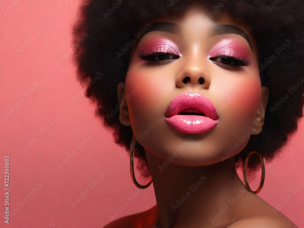 Beauty Porter is a young dark-skinned girl with perfect skin and bright makeup. Bright pink tones, wet makeup, glitter. Sexy plump lips.