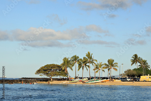 Canoes lined up in a colorful display at a tropical island setting. 