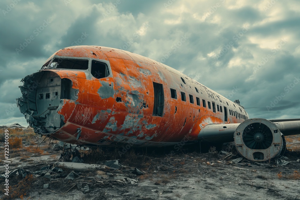 Fototapeta premium a wrecked plane near a field covered in debris, in a desert, photo landscapes