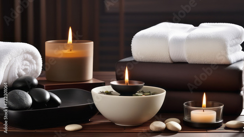 Infuse a Zen-inspired elegance into the composition the beauty of spa accessories in a harmonious setting. Towel with herbal bag and beauty treatments, candles, essential oils