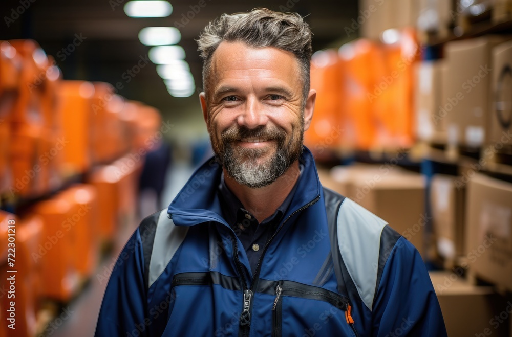 A cheerful warehouse worker surrounded by boxes in an industrial cargo transport and distribution warehouse. Concept of industrious workers A cheerful warehouse worker surrounded by boxes in an industrial cargo transport and distribution warehouse. Concept of industrious workers