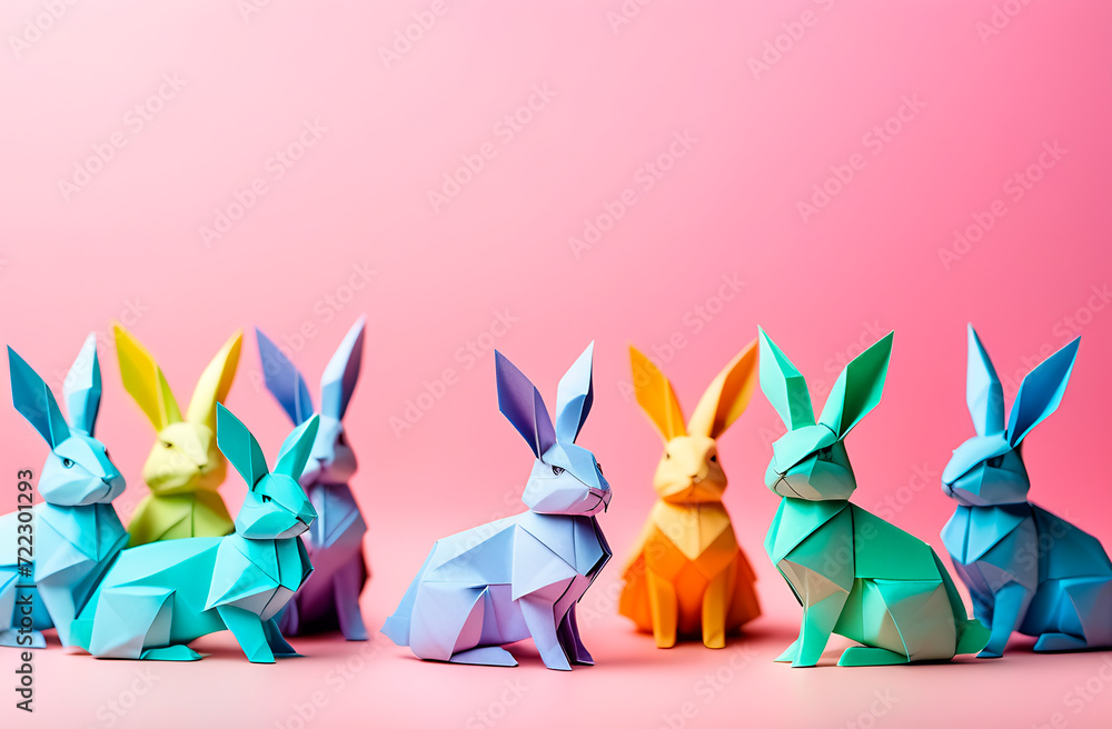 Origami rabbits made of colored paper, bright pink minimalist background, Easter concept