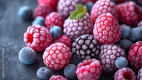 Frozen Berry Medley: Strawberries, Blueberries, frozen berries background.