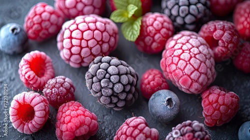 Frozen Berry Medley: Strawberries, Blueberries, frozen berries background.