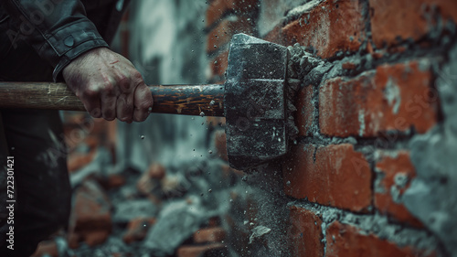 Close-up of a sledgehammer breaking a wall photo