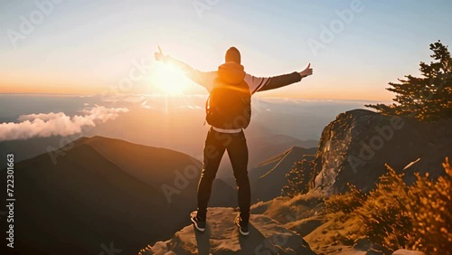The moment a mountaineer on top of a mountain celebrates his success by raising his hands at the summit at sunrise. Person on the top of the mountain. photo