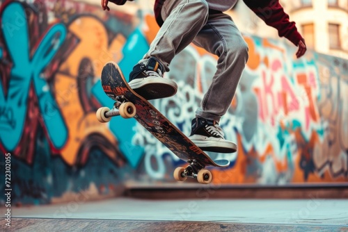Dynamic urban skateboarding scene with graffiti background